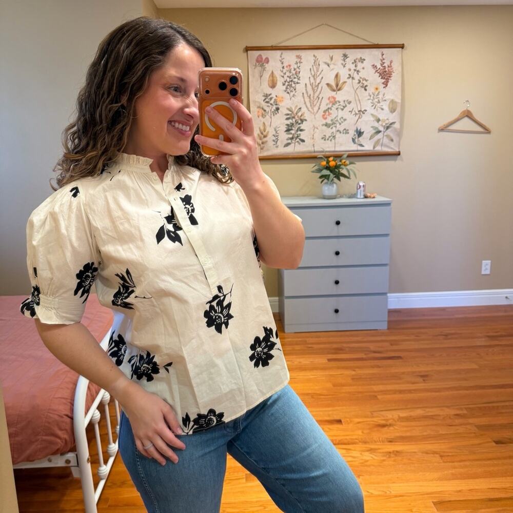 Apiece Apart White Black Floral Organic Silk Henley Blouse Top Small Neutral
